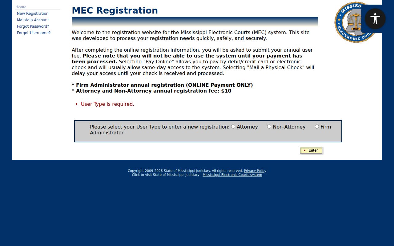 Mississippi electronic court public registration choices