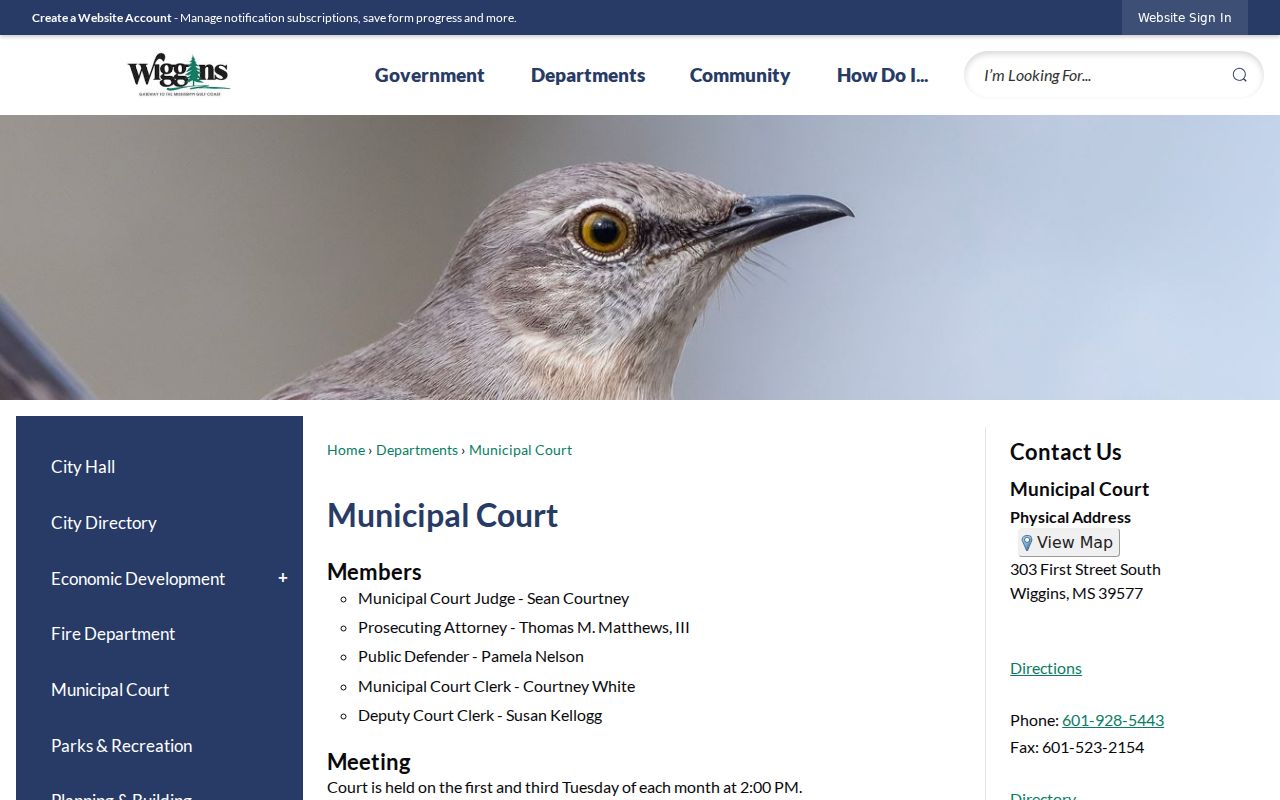 Wiggins Municipal Court officials, contact details, and Tuesday schedule
