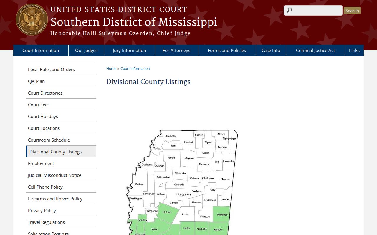 Federal court listing assigning Stone County to the Gulfport Southern Division