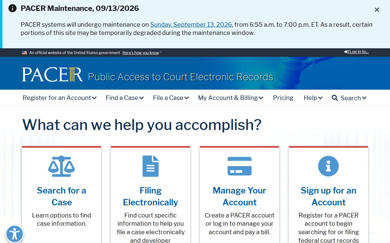 PACER federal case locator interface for docket research